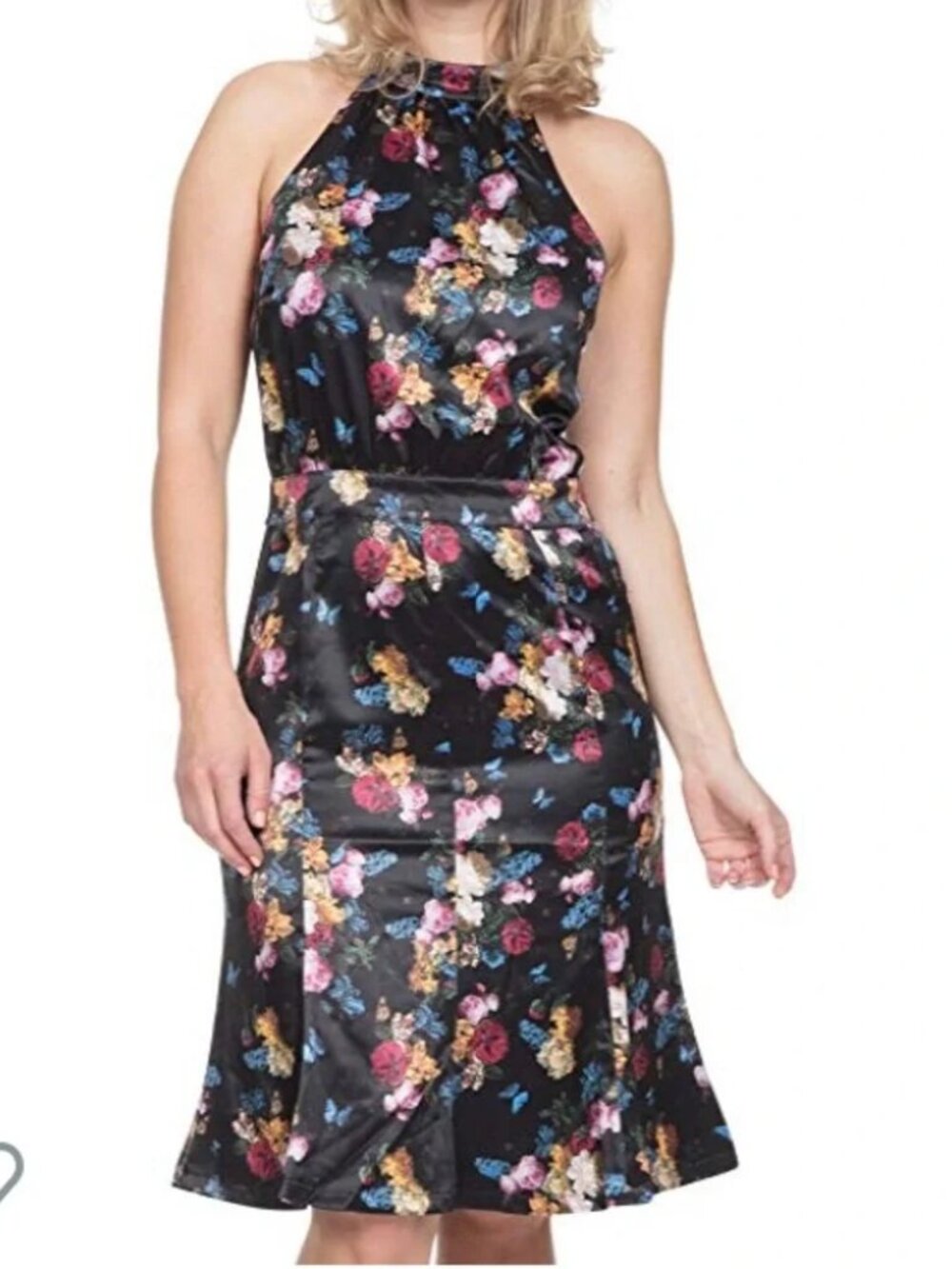 Voodoo Vixen Liana Black Floral sleeveless Dress ruffle hem Size Large New